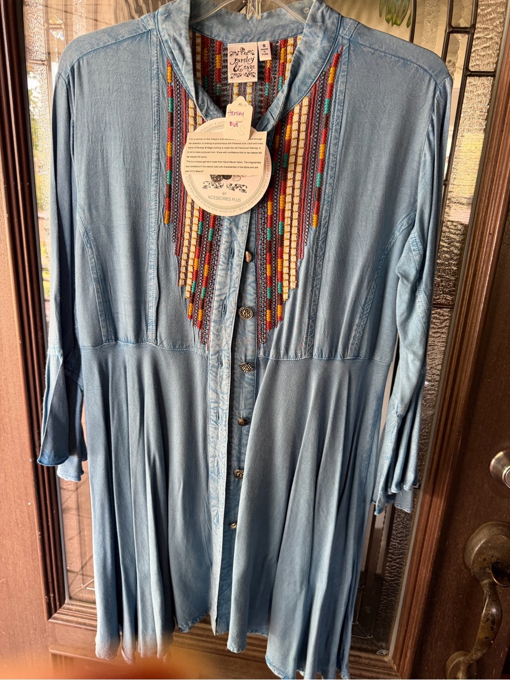 Parsley & Sage Light Blue Beaded Button-Front Tunic